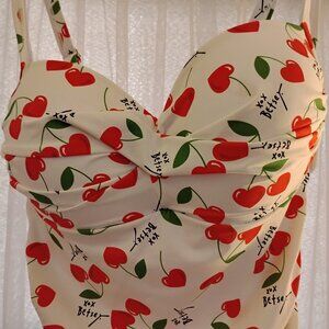 BETSEY JOHNSON One-Piece Swimsuit Women's Size LG White Cherry Bomb Bandeau NWT